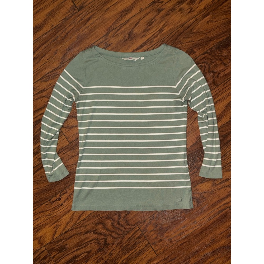 Vineyard Vines Women's Green White Striped 3/4 Sleeve Boat Neck Top Size Small